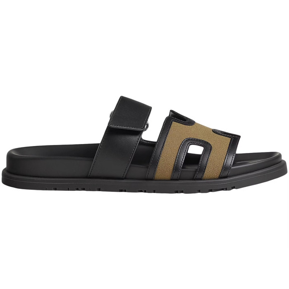 Hermes Chypre Sandal Mens Black Olive Green Canvas Cargo H Logo Slide Flat 45 12 - Picture 3 of 16